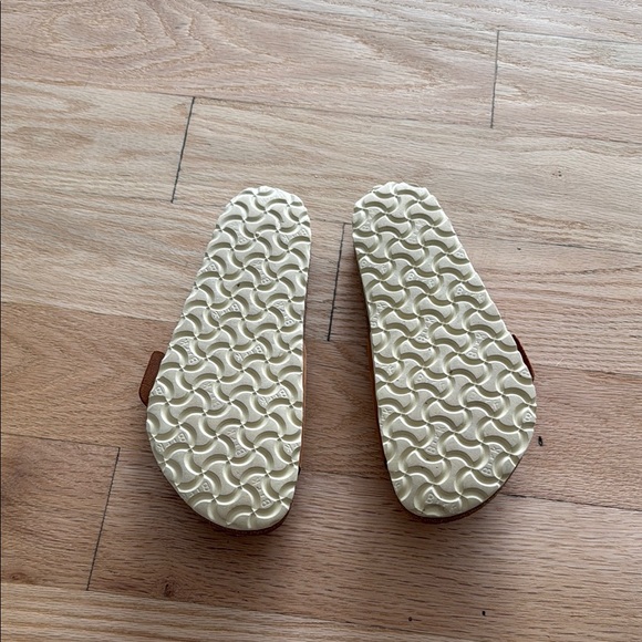 Birkenstock Tan Slide Sandals with Gold Buckle - Picture 2 of 4